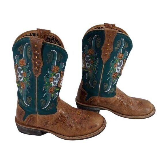 Ariat Rodeo Day Of The Dead Skull Rose Cowboy Boots Tan Turquoise Sz 8.5 - Picture 6 of 12